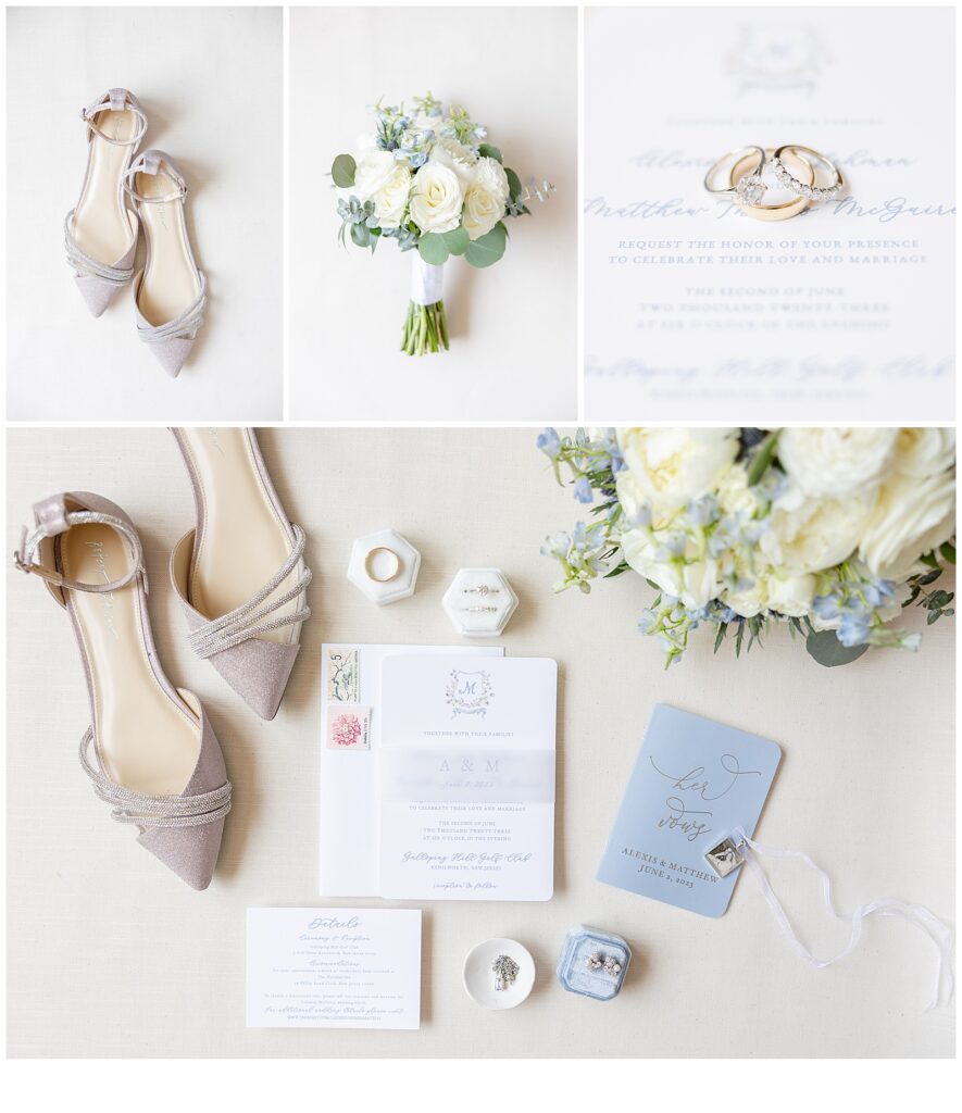 blue and white wedding details 