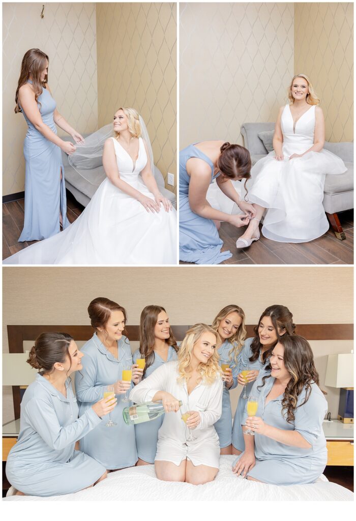 bridesmaids helping bride get dressed 