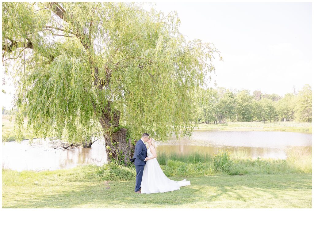 bride and groom under willow tree 