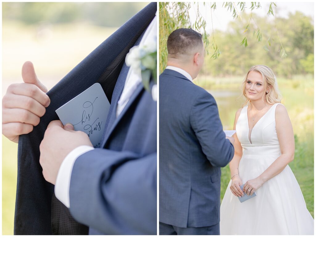 bride and groom reading vows 