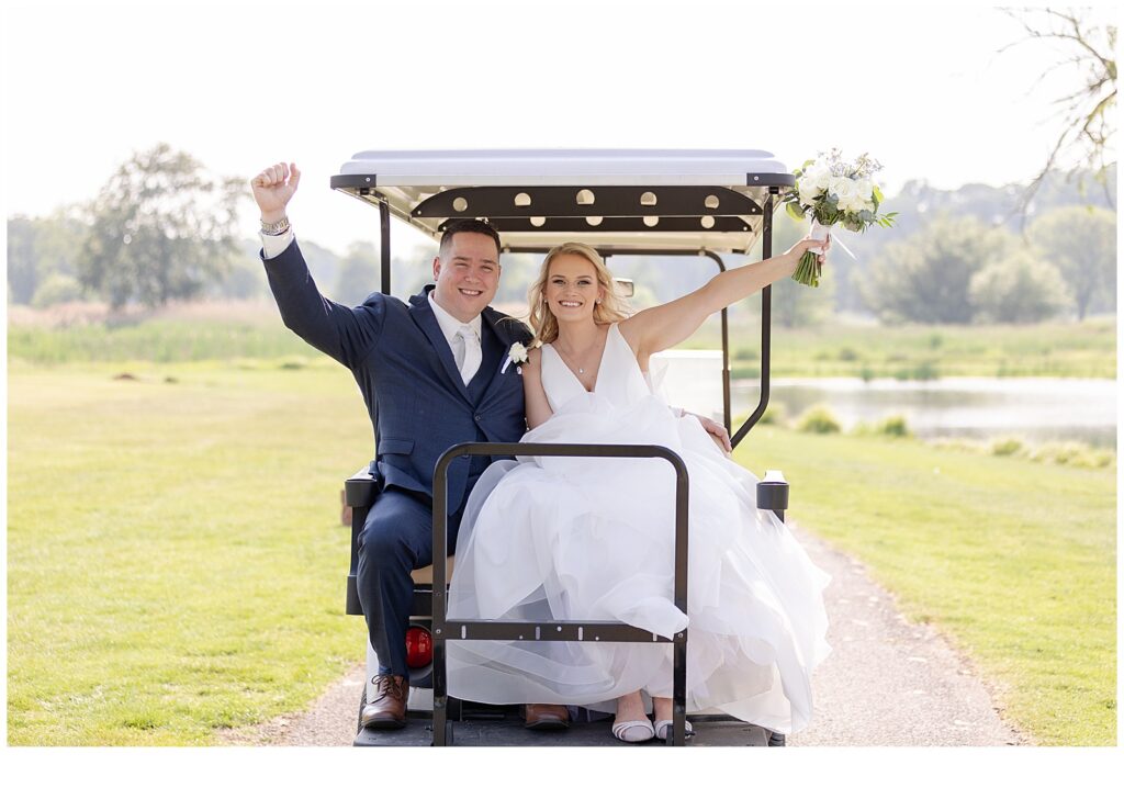 bride and groom on golf cart 