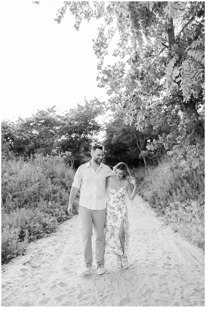 candid black and white engagement photo