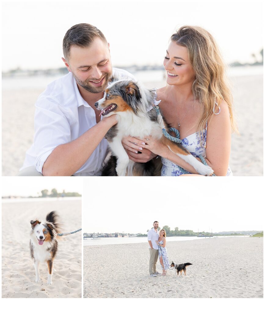 engaged couple with dog at beach