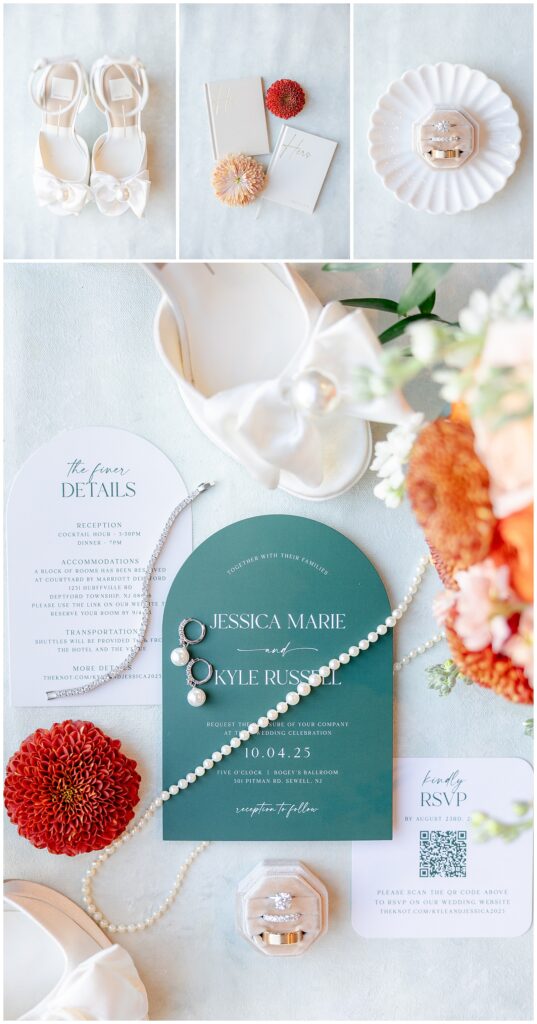 Bride’s fall wedding details with ivory and cream florals at Bogey’s in Sewell, NJ