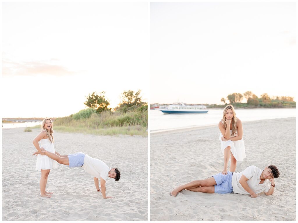 Wide beach engagement photo at Fisherman’s Cove in Manasquan, NJ