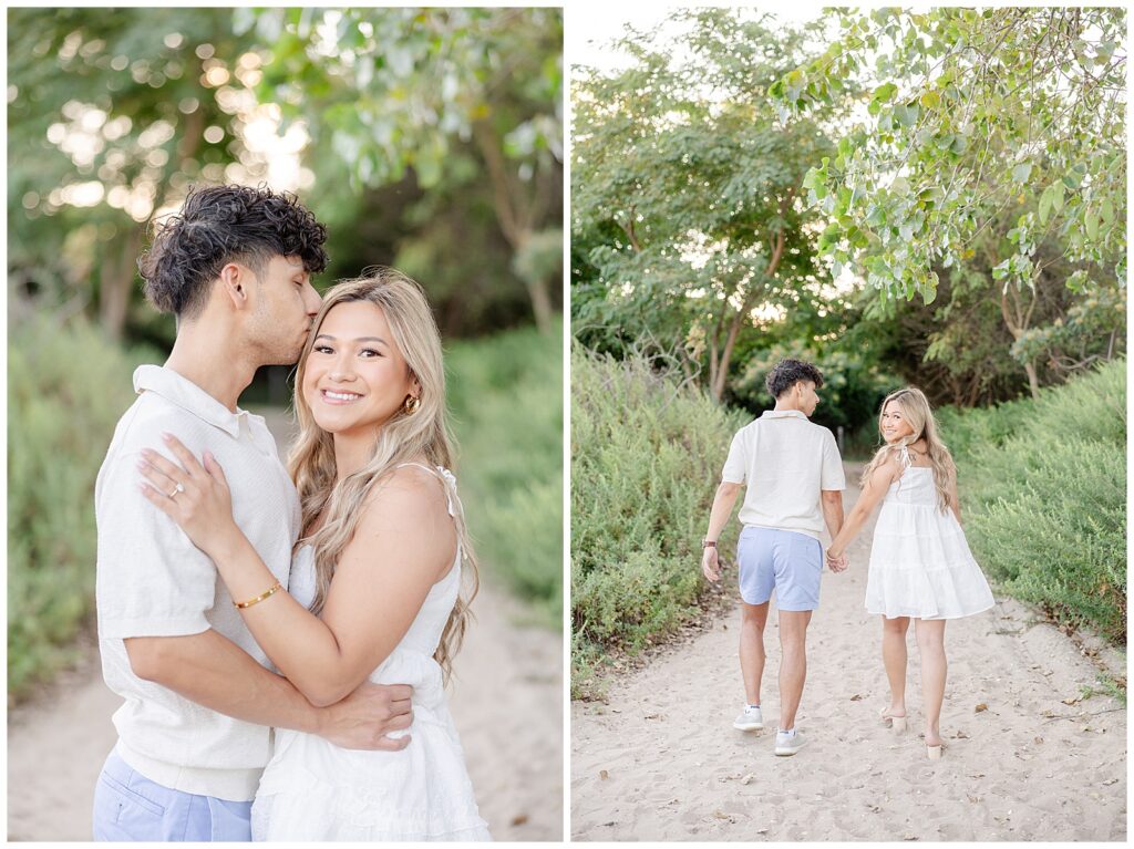 Couple walking along the beach at Fisherman’s Cove in Manasquan, New Jersey during their engagement session
