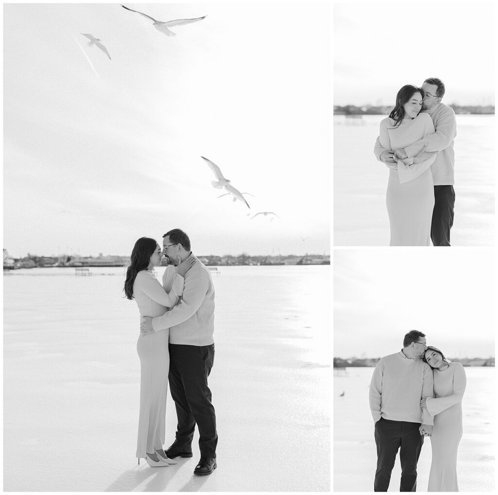 Manasquan Beach engagement session during winter with icy shoreline